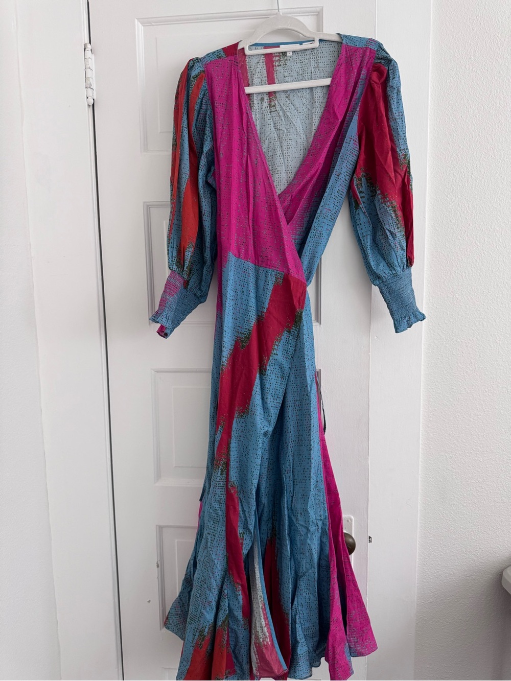 RHODE Blue & Pink Wrap Maxi Dress with Red Accents